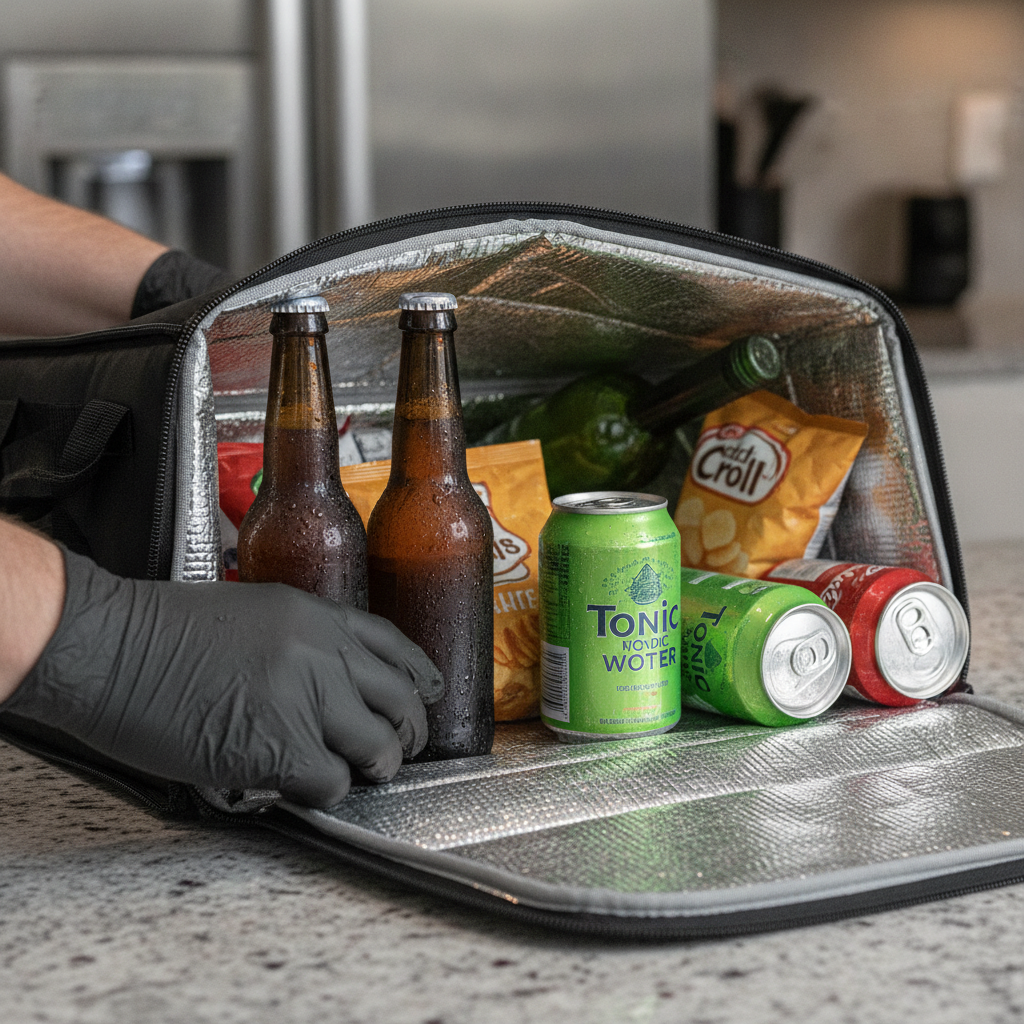 Close-up of chilled beer and wine in an insulated delivery bag with mixers and snacks for a Calgary alcohol delivery service