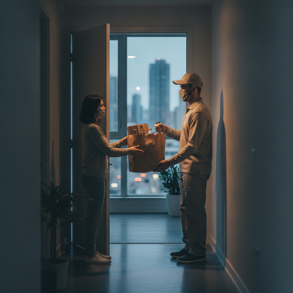 Delivery driver handing a paper bag with bottles to an adult customer at a Downtown Calgary condo doorway during a late-night alcohol delivery