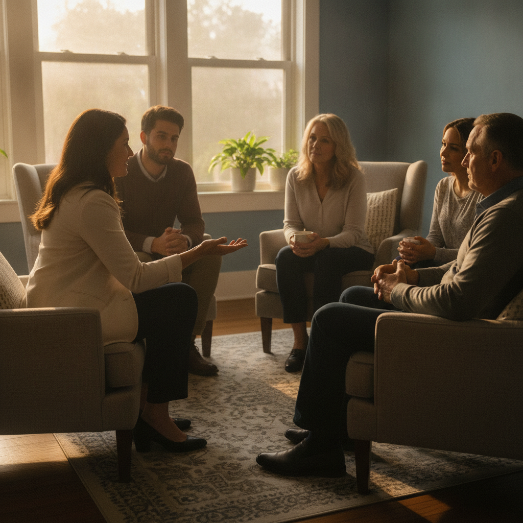 Group counseling session supporting outpatient recovery programs with therapy and peer support