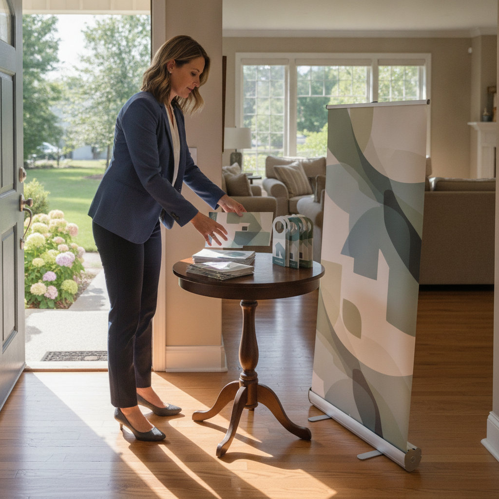 Realtor setting up brochures, door hangers, and a roll-up banner at an open house in Mississauga