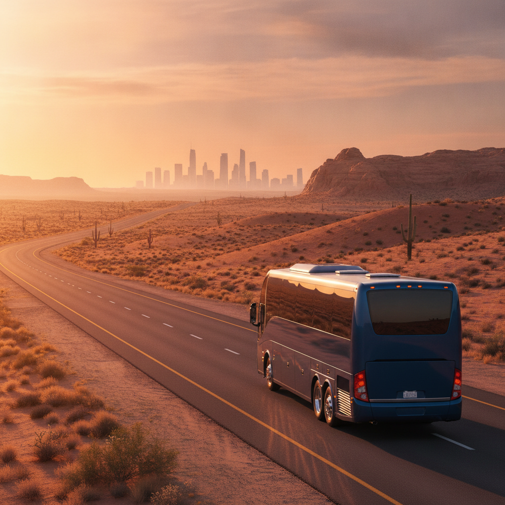 Luxury tourist coach driving through desert near Dubai at golden hour, representing comfortable private transfer for Ferrari World day trips