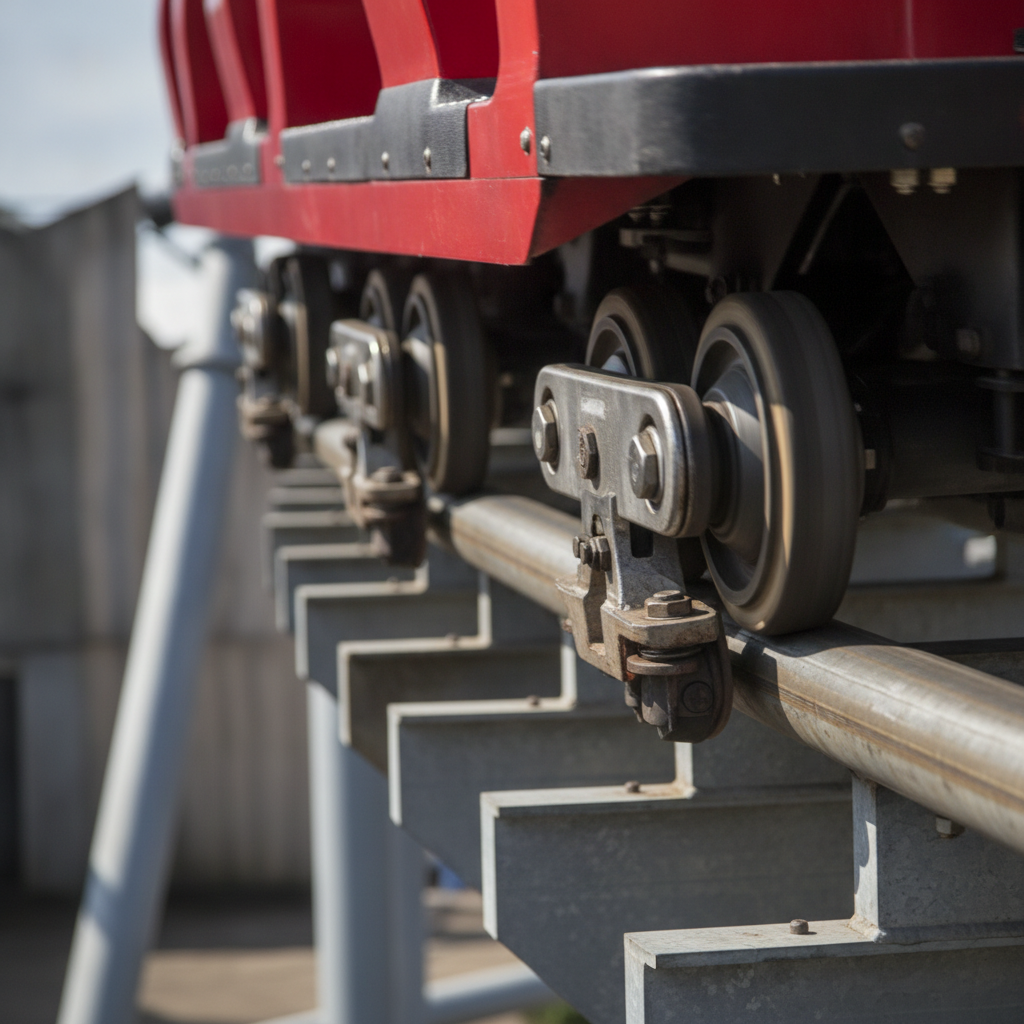 Close-up of a high-speed red roller coaster wheel assembly at Ferrari World in Dubai, showcasing engineering detail and motion blur