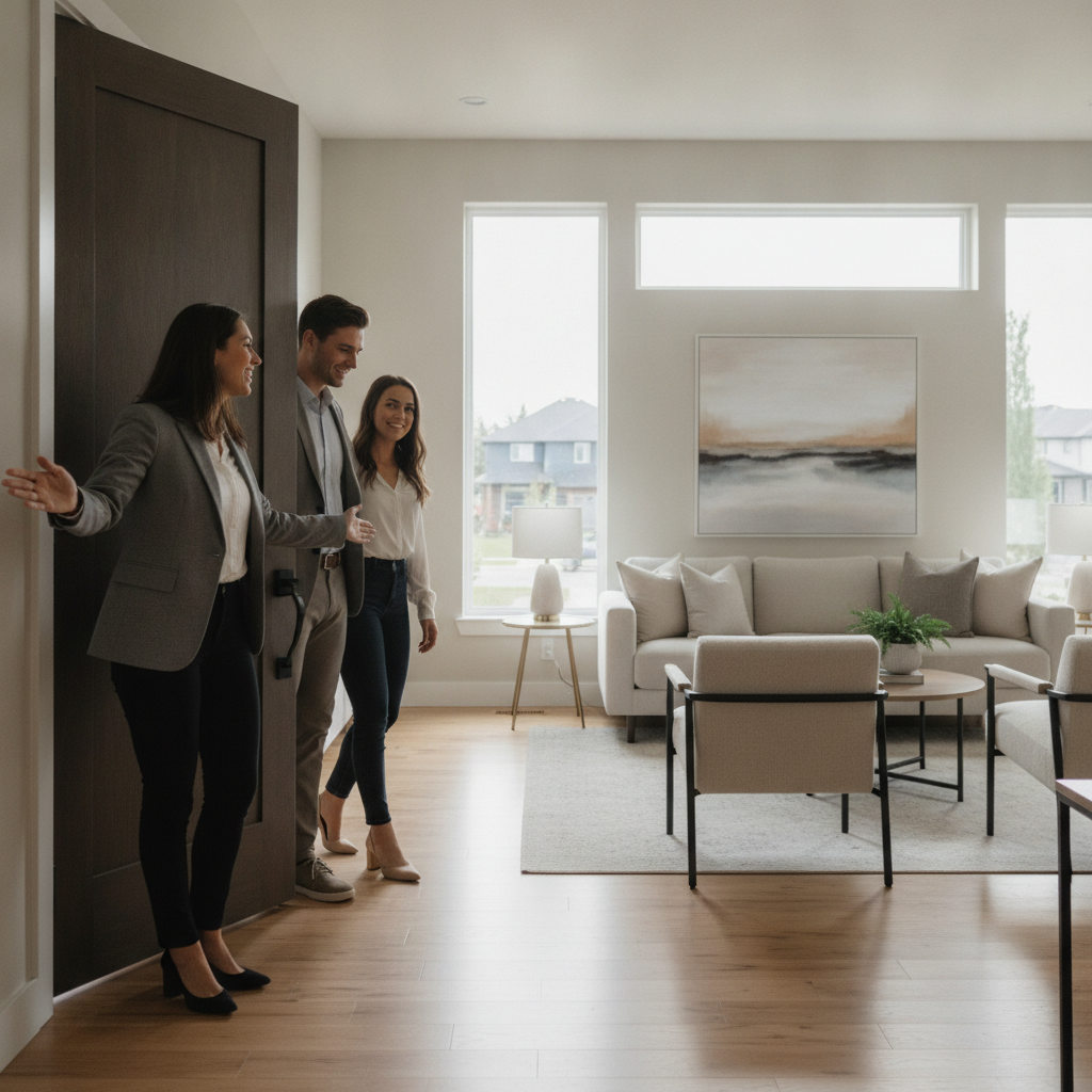 Agent greeting buyers in a bright North Edmonton living room, illustrating the guided tour process for North Edmonton homes for sale