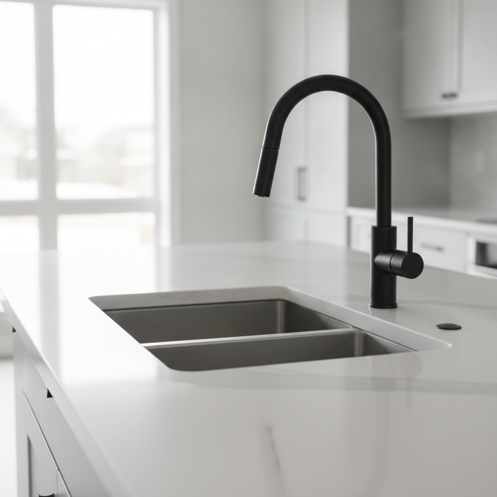 Contemporary North Edmonton kitchen with quartz island, showcasing features buyers filter for when searching Edmonton north house for sale