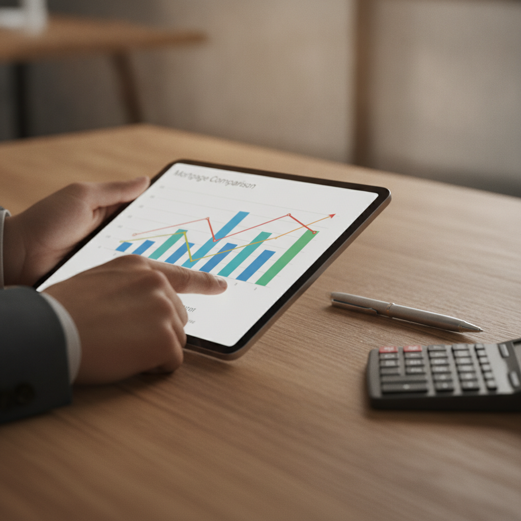 Close-up view of an investor home loan comparison on a tablet, with charts and graphs that illustrate fixed versus variable trade-offs and repayment impacts