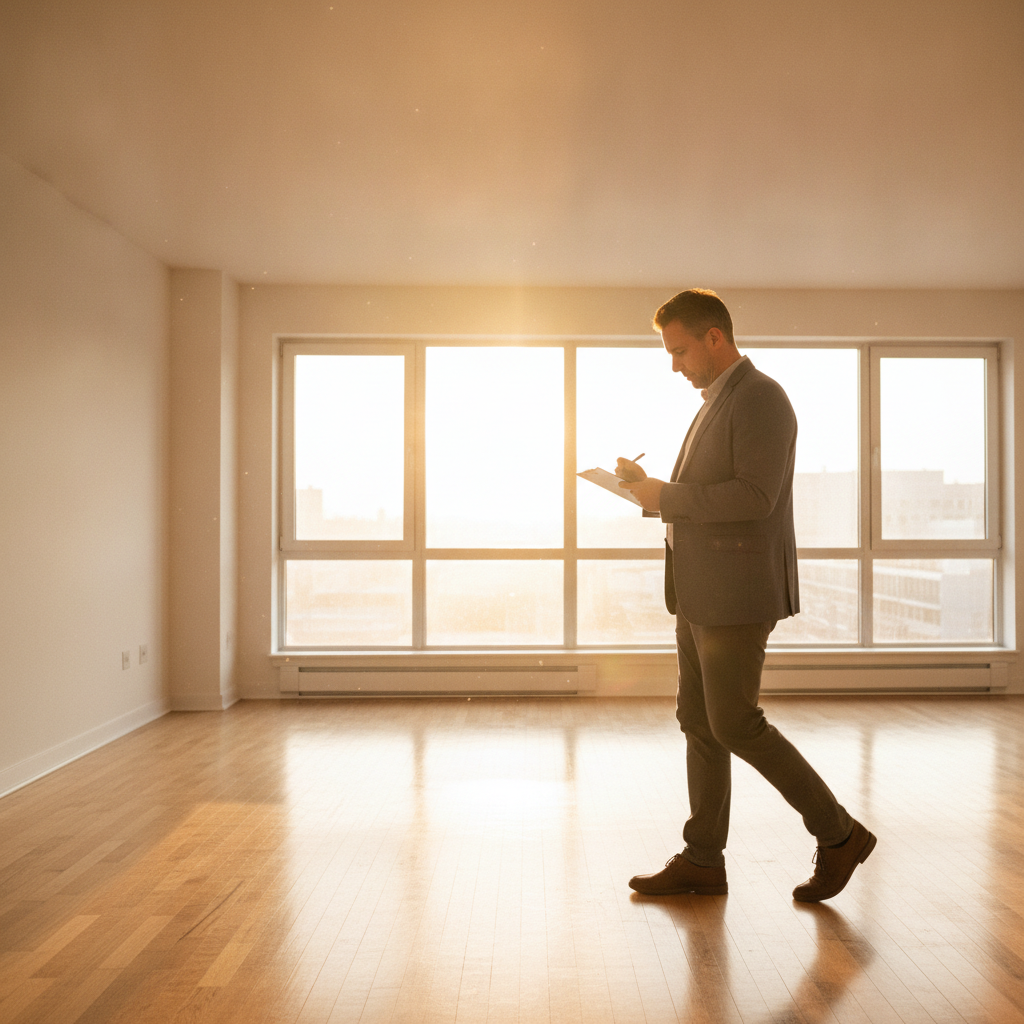 Investor assessing a potential rental apartment in bright natural light while planning an investment home loan strategy