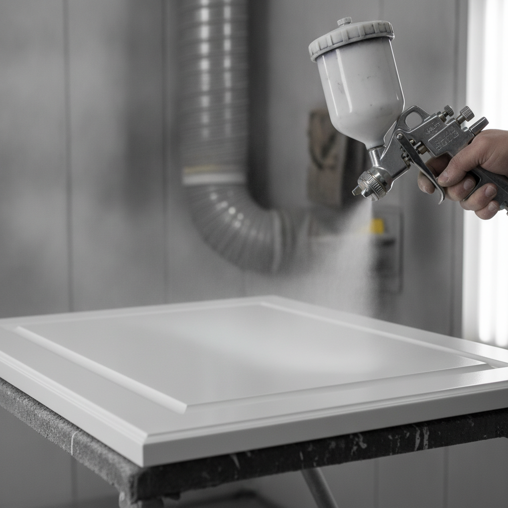 Close-up HVLP spray applying smooth enamel on a cabinet door for repainting kitchen cabinets