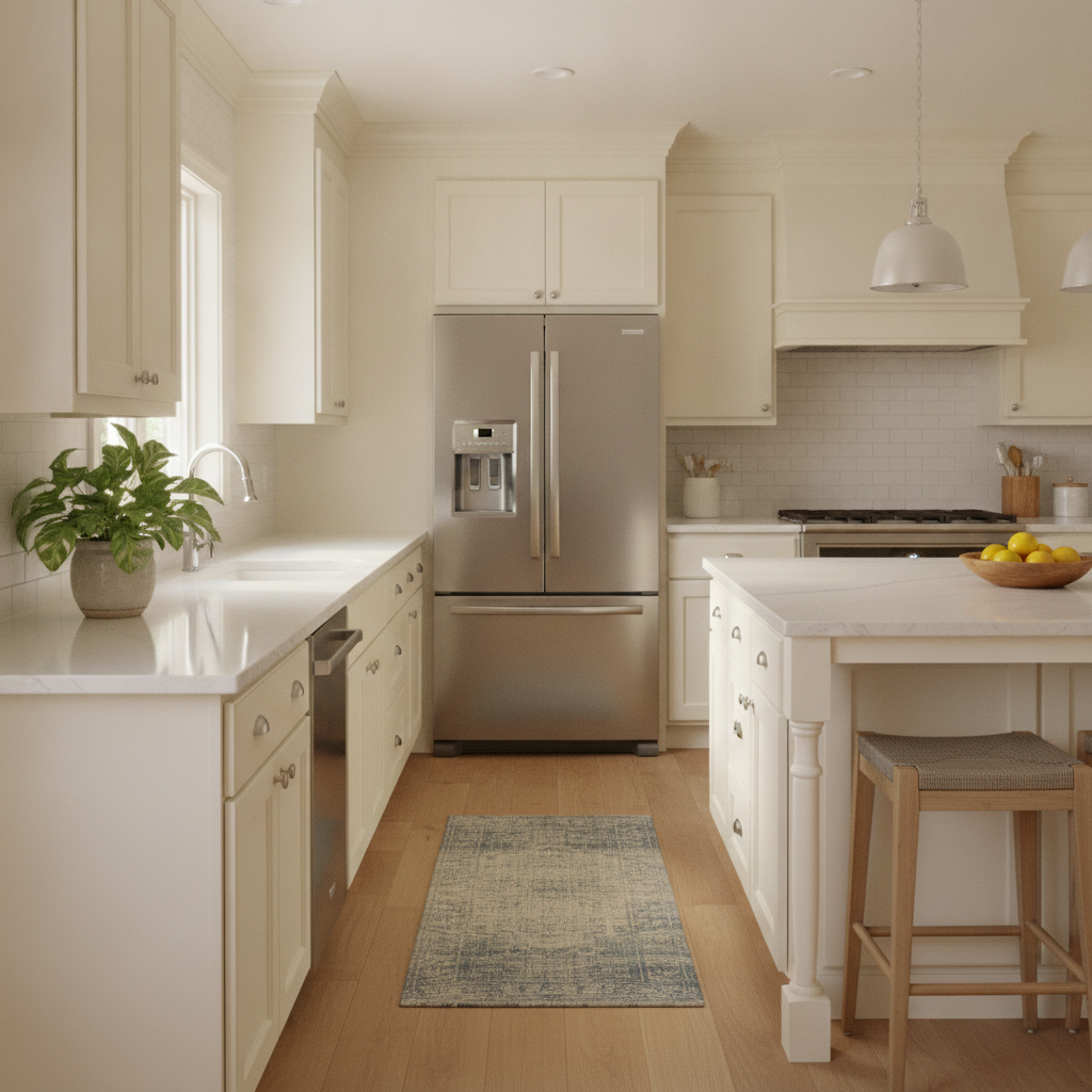 Finished York kitchen with freshly repainted Shaker cabinets in warm white, satin sheen, stainless appliances, and quartz countertops