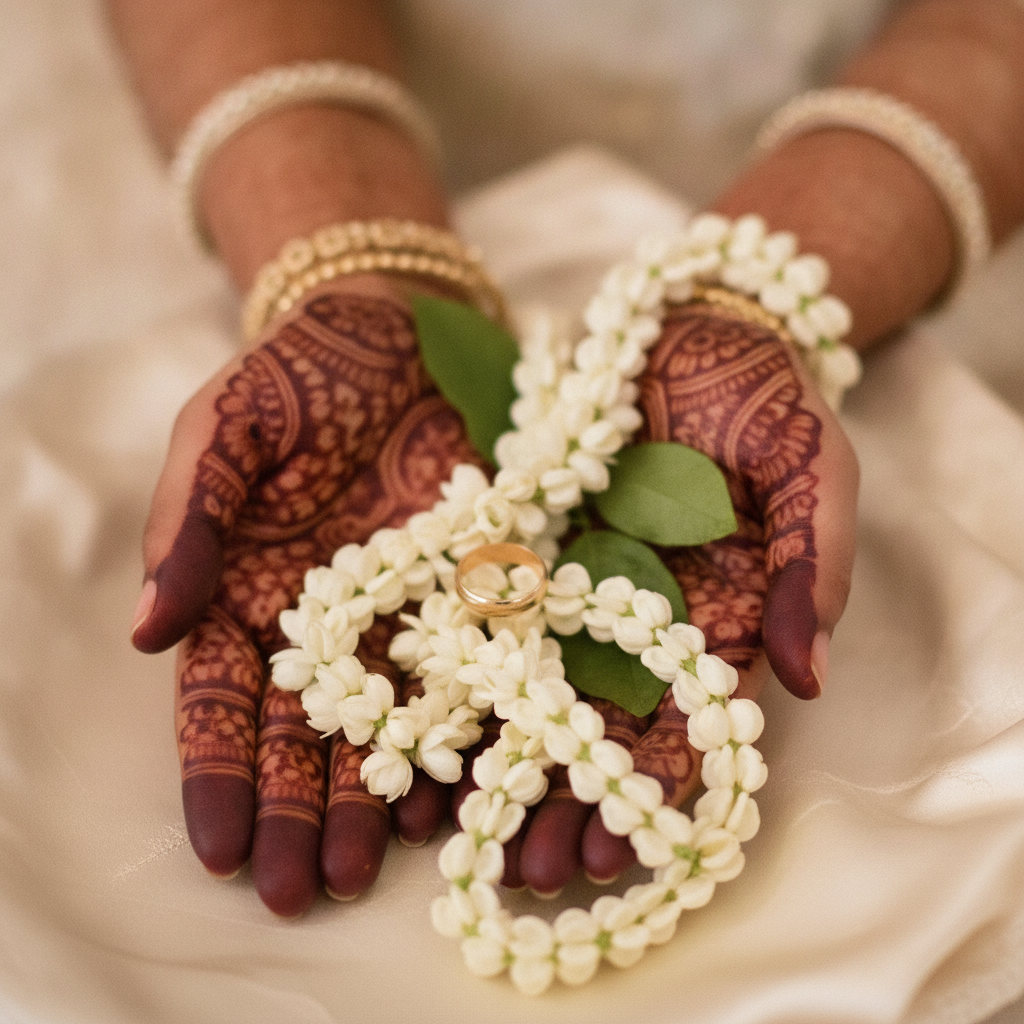 Close-up of henna hands holding jasmine garlands during Nikkah ceremony planning in London