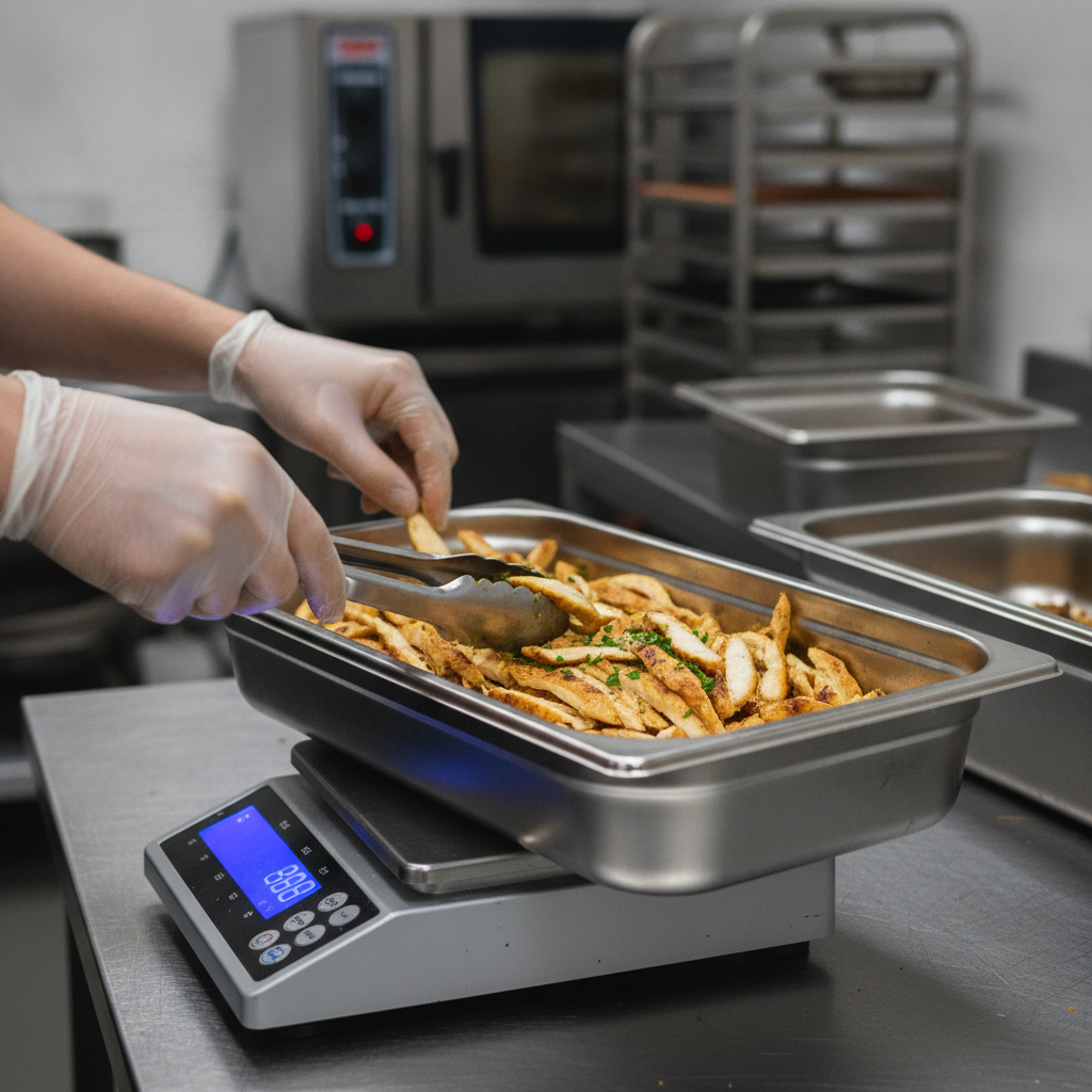 Close-up of shawarma being portioned into catering trays on a scale to verify serving sizes