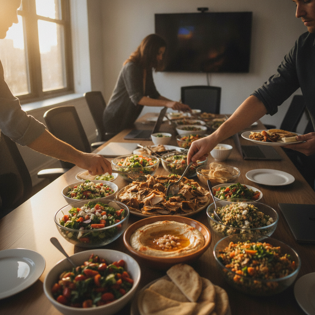 Office lunch scene with Mediterranean catering platters where guests serve themselves efficiently
