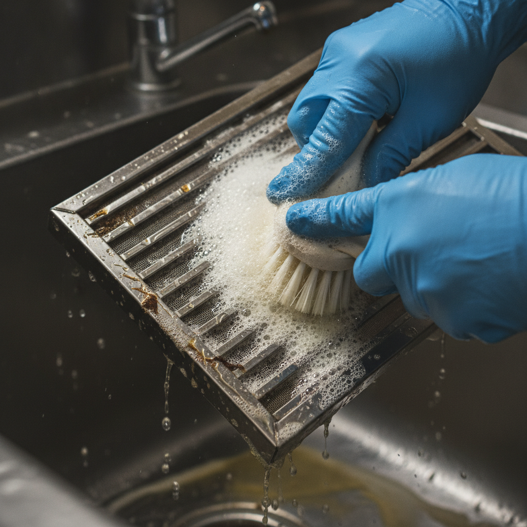 Close-up of degreasing a stainless baffle filter in hot foamy solution, part of how to degrease kitchen hood steps