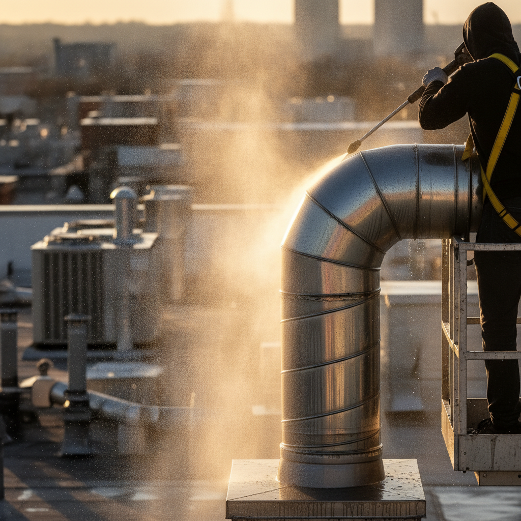 Technician cleaning a rooftop exhaust fan and ductwork with hot water pressure, part of degreasing a kitchen hood system