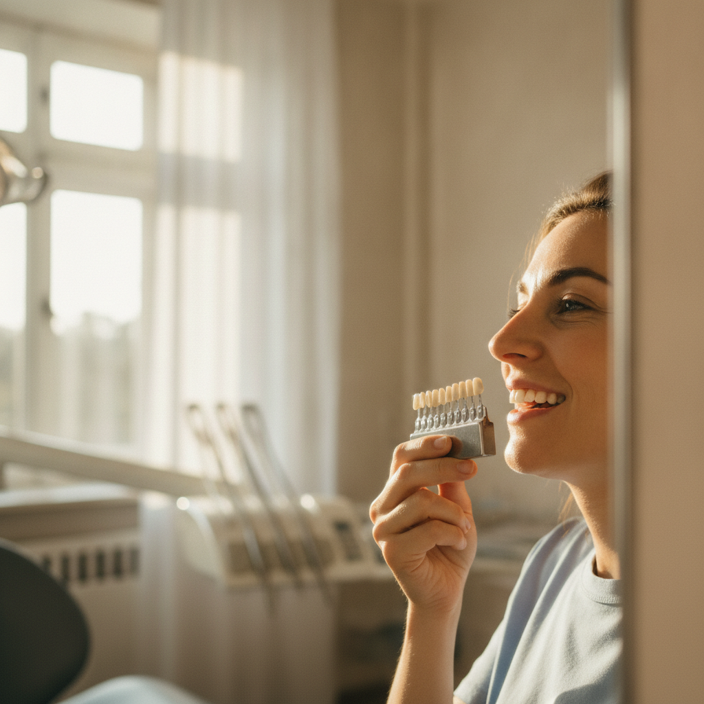Patient comparing tooth shade with guide after in-office whitening at a Scarborough dentist