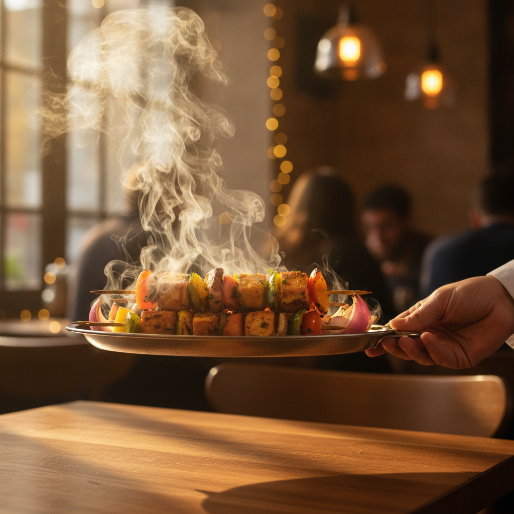 Paneer Shashlik sizzler arriving at table, peppers and onions crackling—Hamilton Plaza sizzler guide visual
