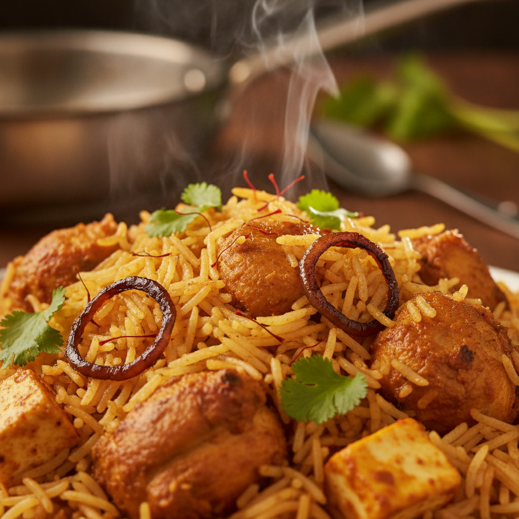 Close-up biryani with long basmati rice, saffron, caramelized onions, and paneer—Hamilton Plaza biryani guide visual
