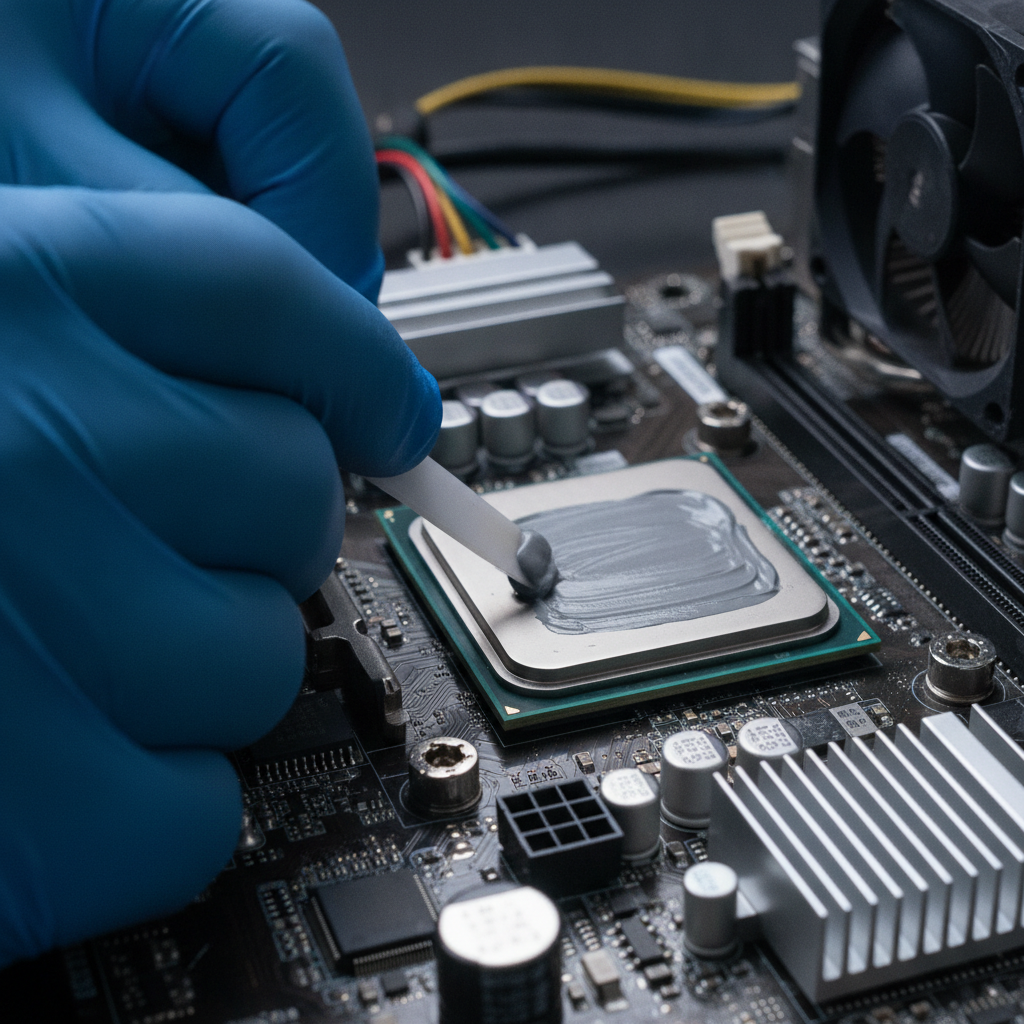 Close-up computer repair detail: CPU thermal paste application during Calgary computer repair, showcasing precise workmanship and diagnostics best practices