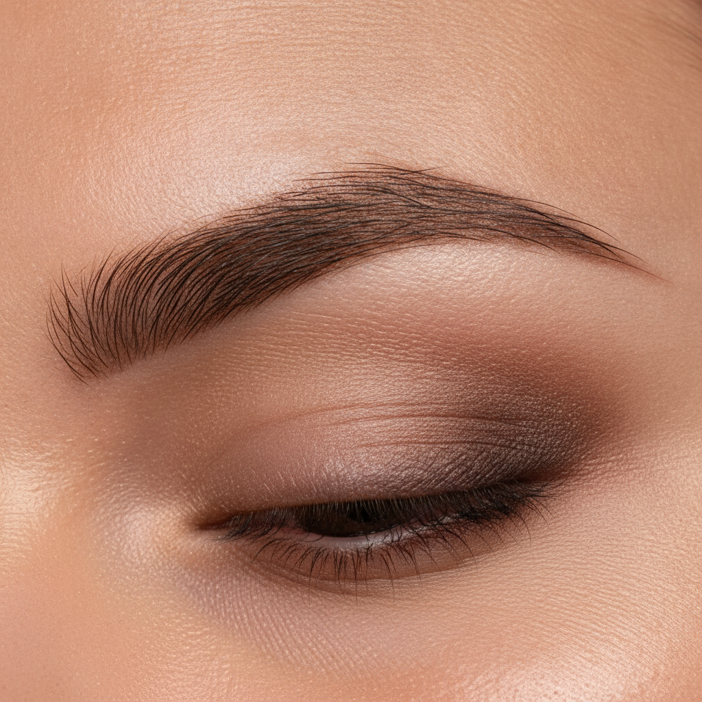 Healed ombre powder brows close-up with soft microshading pixels and natural gradient finish for long-lasting, natural-looking brows