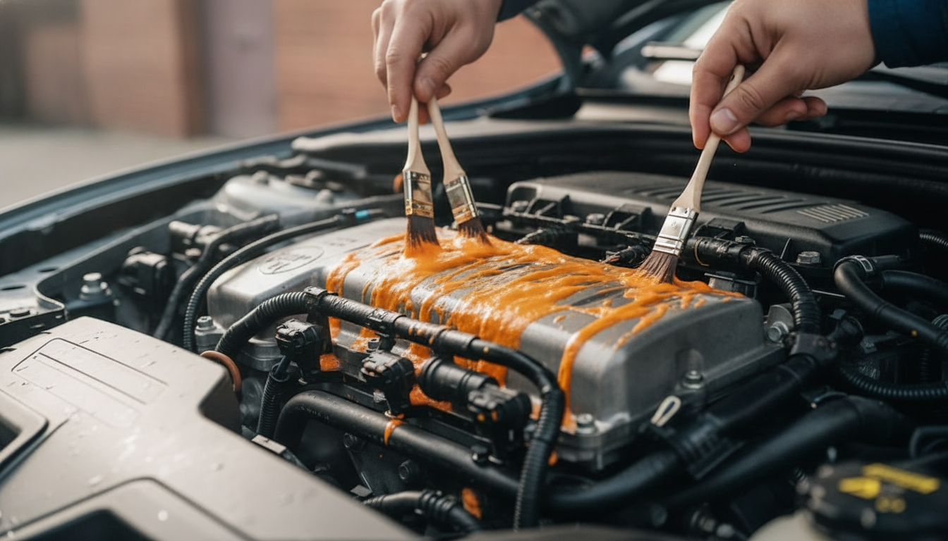 Close-up engine degreasing with nylon brush and citrus cleaner during engine detailing