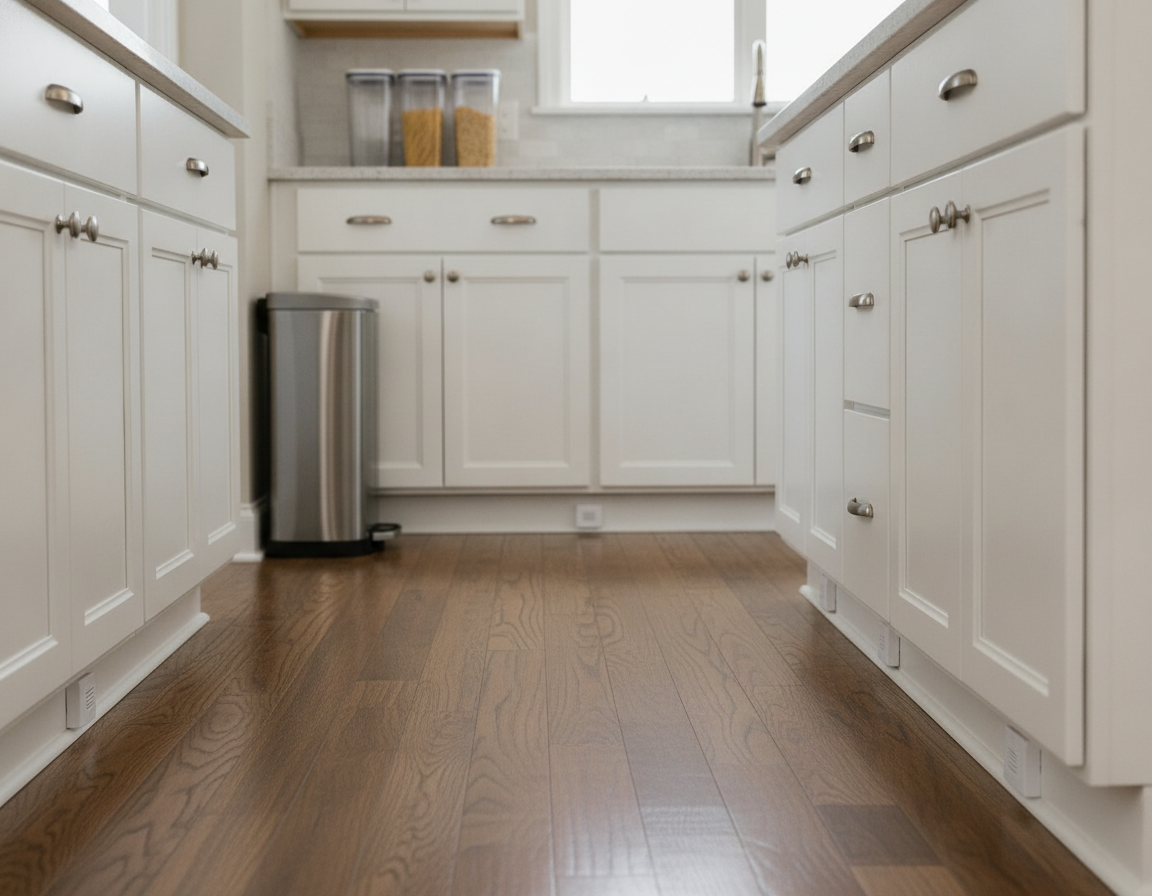 Rodent removal prevention scene: clean modern kitchen with sealed food containers and tight-lid trash can