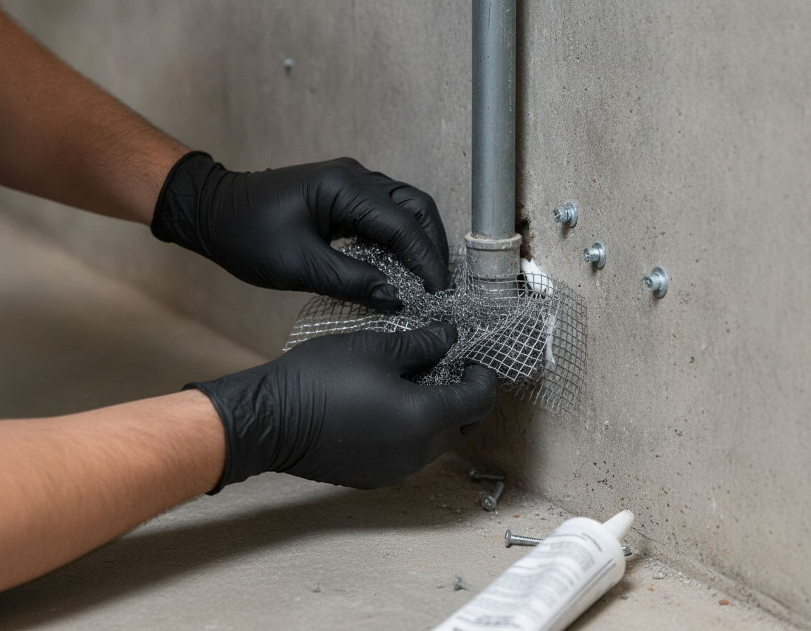 Rodent removal process close-up sealing a pipe gap with metal mesh and sealant to block mouse entry