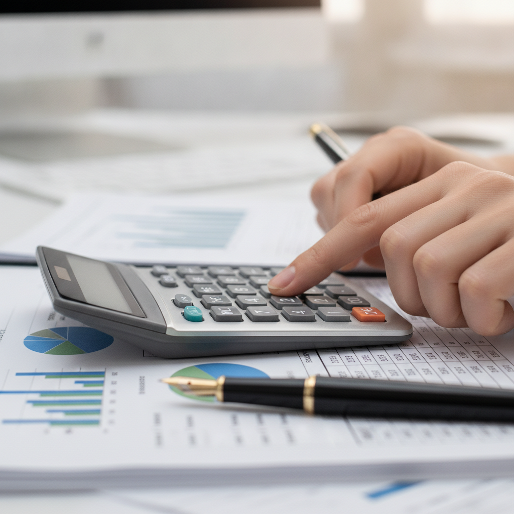 Close-up of accountant financial reporting work with calculator and reconciliations in Parramatta