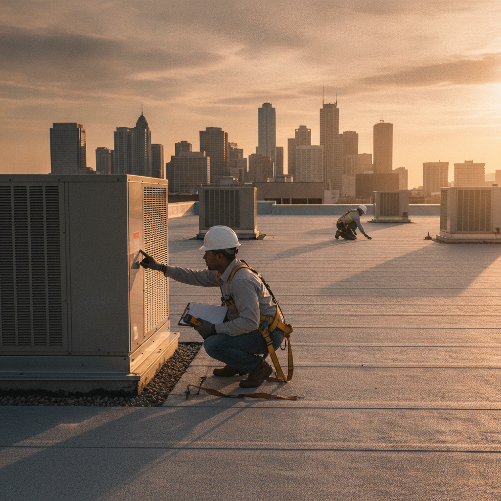 Inspector on commercial rooftop inspecting HVAC units and membrane seams at sunset