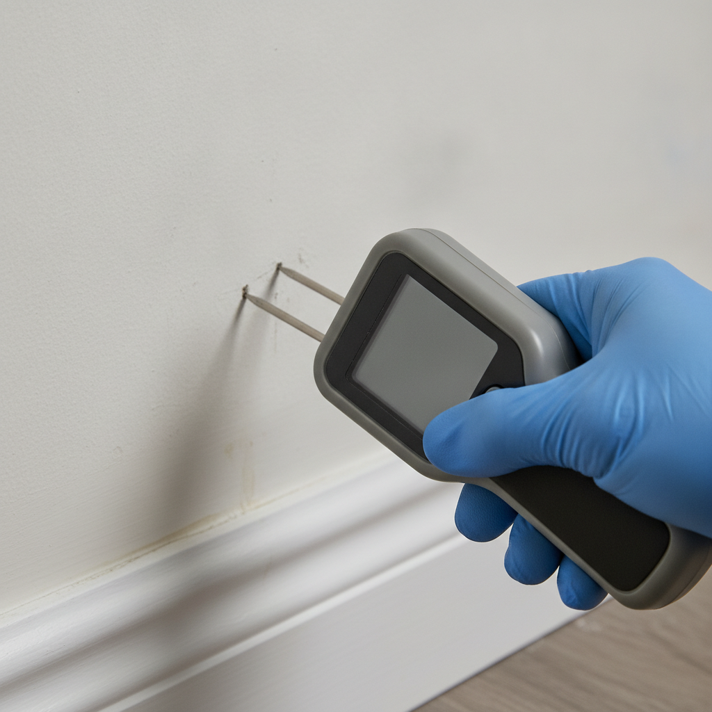 Commercial property inspection moisture meter close-up during plumbing and wall check