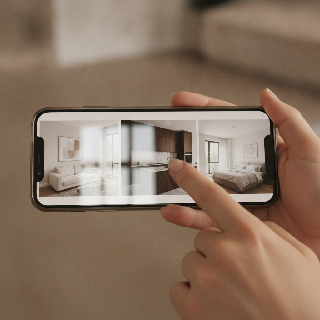 Using a real estate app in Canada to browse a Canada real estate listing with gallery photos on a smartphone