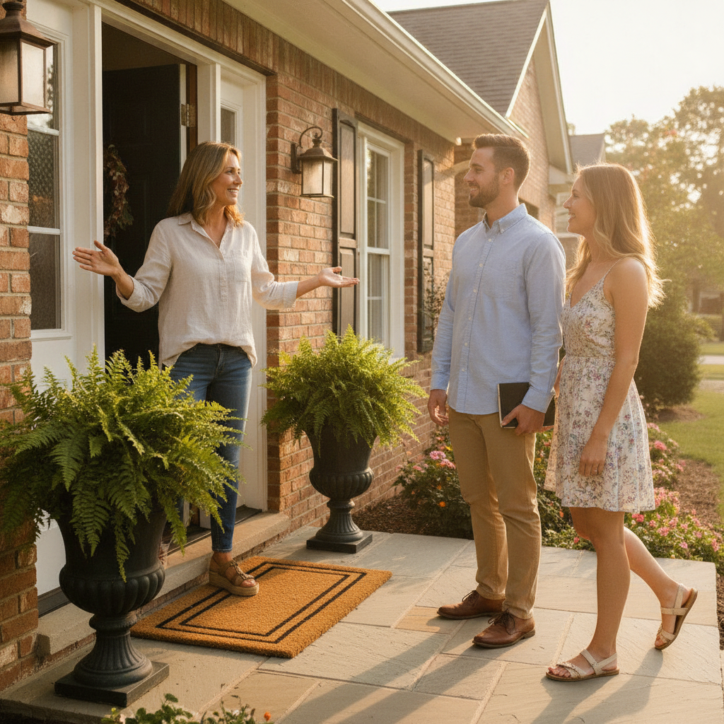 Home viewing in Canada with a seller greeting buyers at the door after messaging through a Canada real estate listing