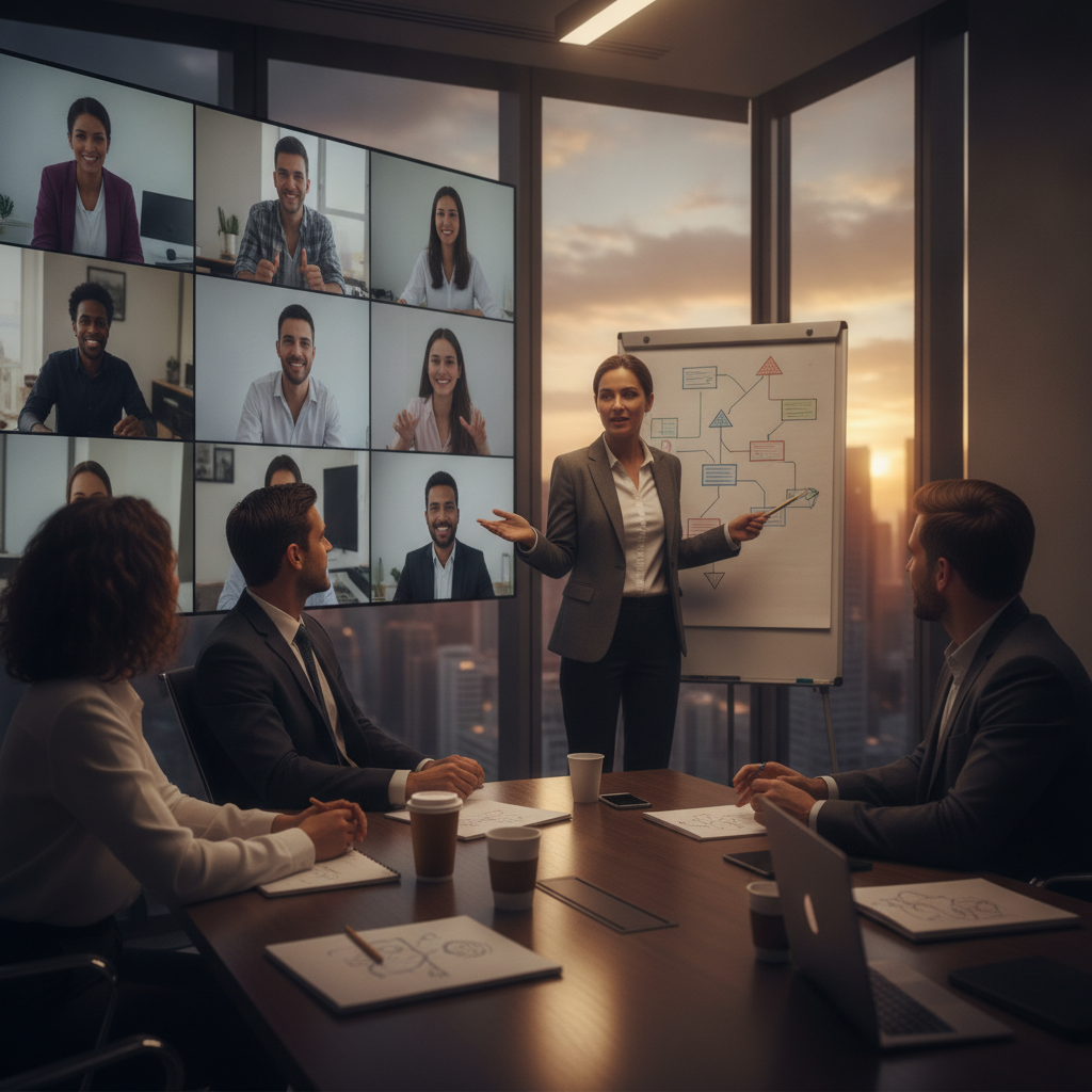 Hybrid corporate training session for project teams with roadmap discussion