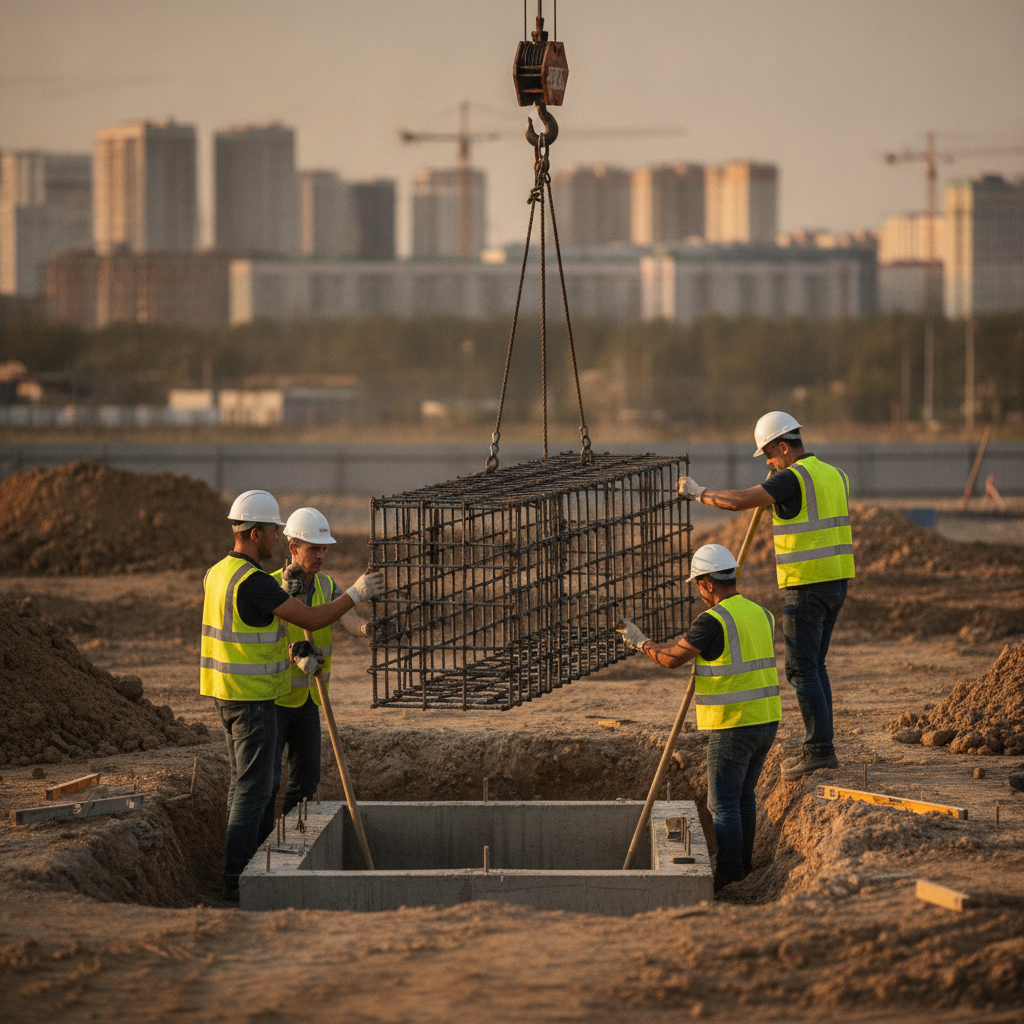 Prefabricated rebar cage lowered into a footing in Woodbridge, demonstrating coordinated detailing, fabrication, and delivery