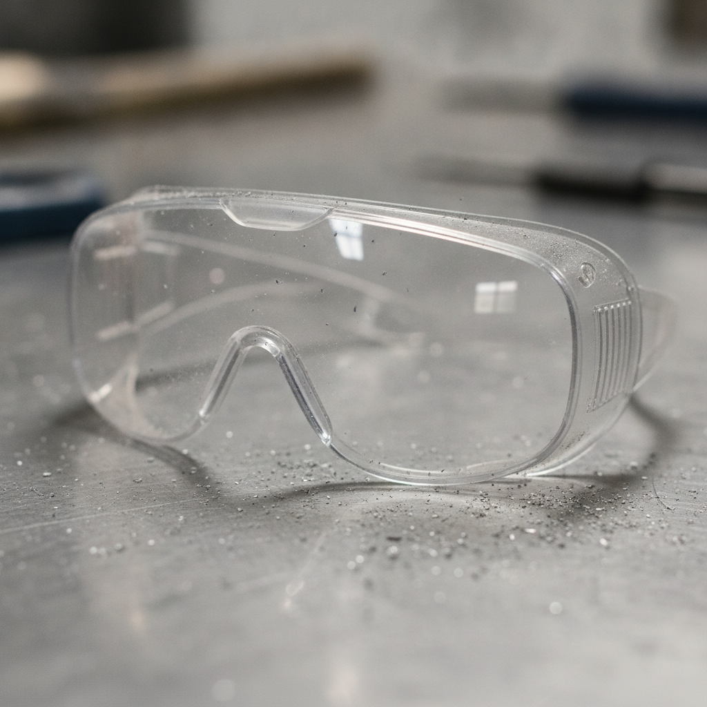 Close-up of clear safety goggles on workbench beside safety goggles sign program materials