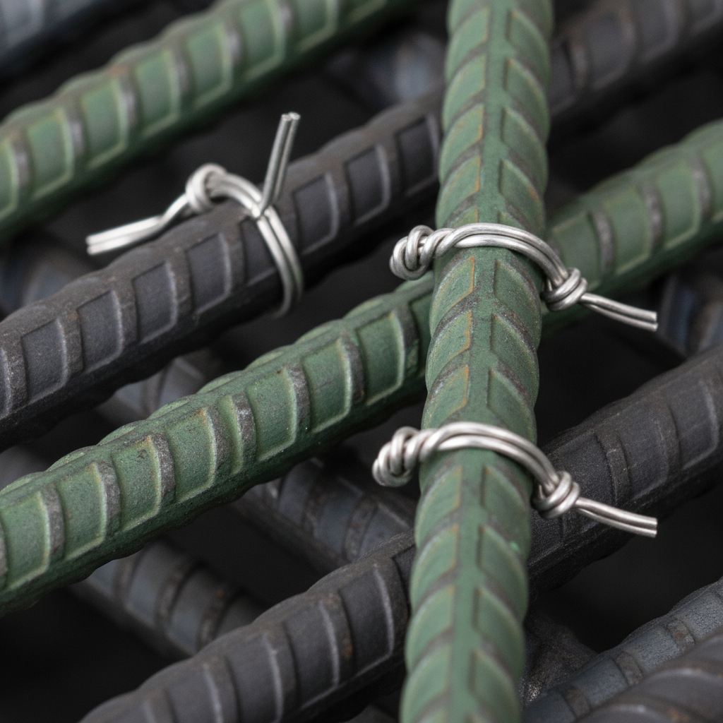 Close-up of epoxy-coated and black steel bars tied with wire, illustrating structural rebar detailing quality control in Ontario