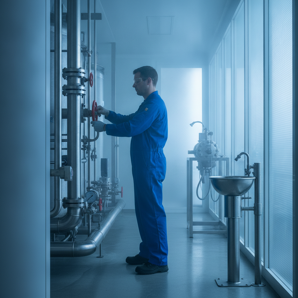 Technician wearing safety goggles while operating a valve near piping, reinforcing entry signage requirements