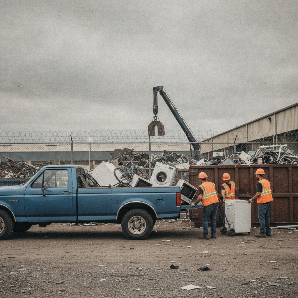 Pickup unloading appliances and mixed metals at an Etobicoke recycling yard, staff assisting with safe drop-off