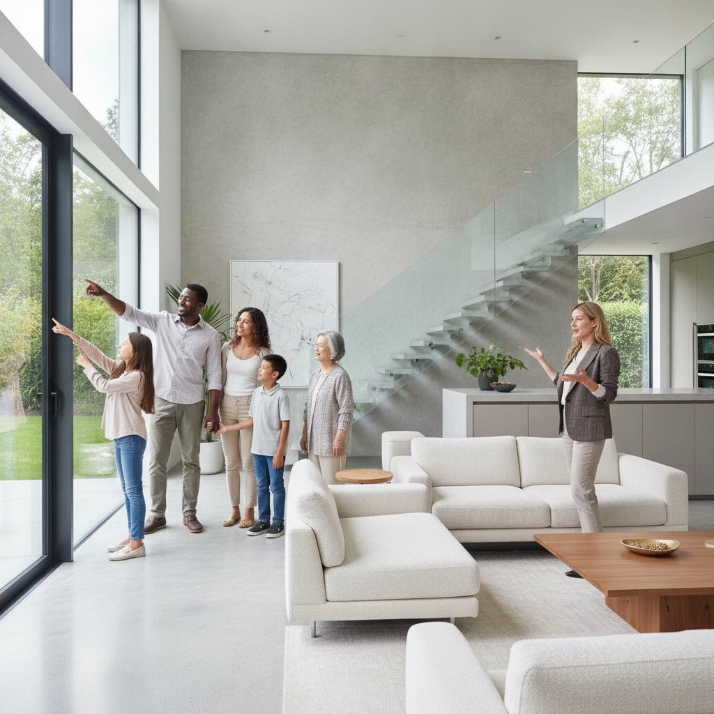 Realtor showing a modern open-concept Toronto-area home to a family, illustrating MLS-powered tours and decision-making