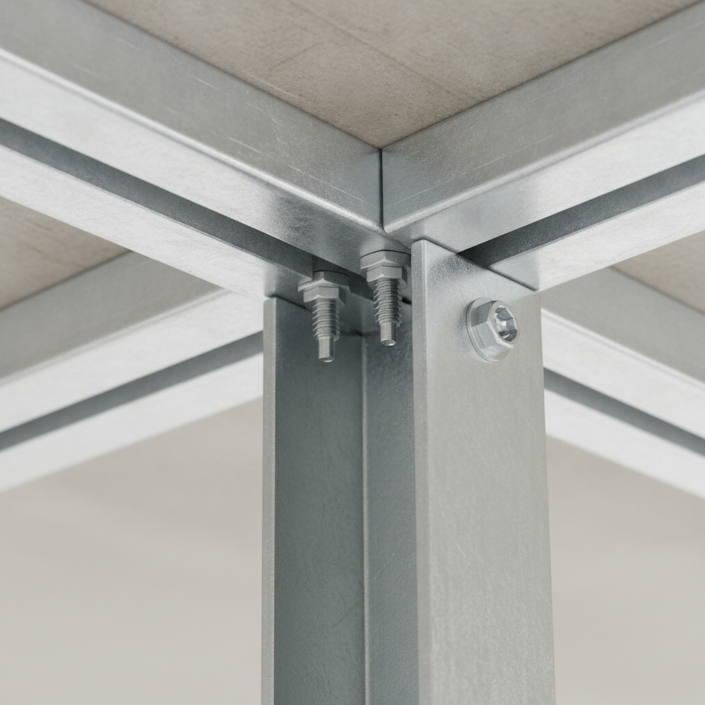Close-up of slotted deflection track detail for light gauge metal framing at head-of-wall allowing vertical movement