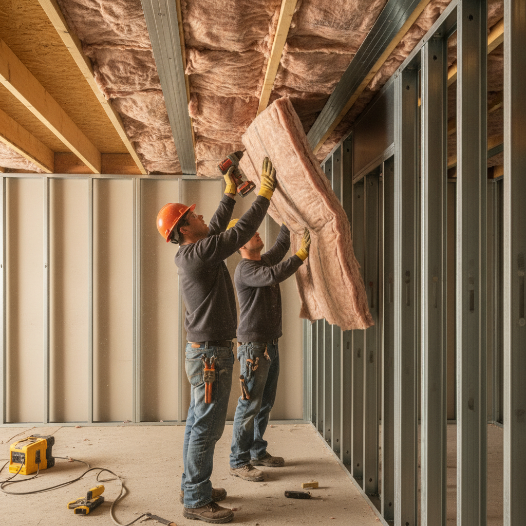 Installers fastening resilient channel to a ceiling with insulation adjacent to a light gauge stud wall for acoustic decoupling