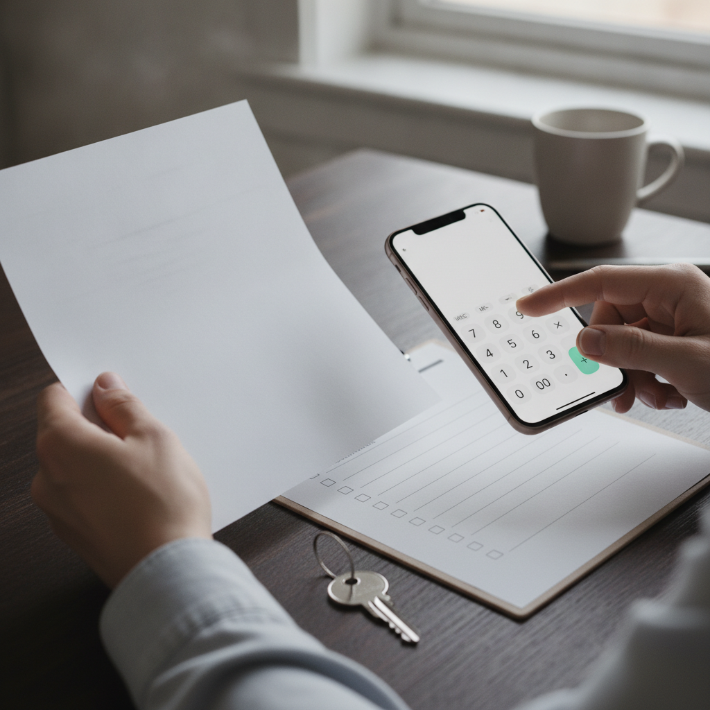 Close-up of a Brampton first-time buyer reviewing pre-approval, calculator app, and a detailed home-buying checklist to avoid mistakes
