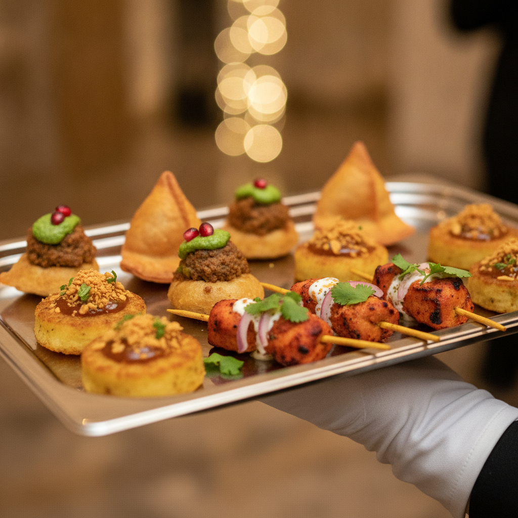 Close-up of Halal-friendly South Asian–inspired holiday canapés prepared by in-house catering at a holiday party venue in Mississauga