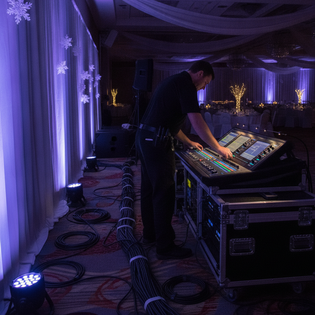 Event technician adjusting LED uplights and a digital soundboard for a holiday party venue setup with professional AV in Mississauga
