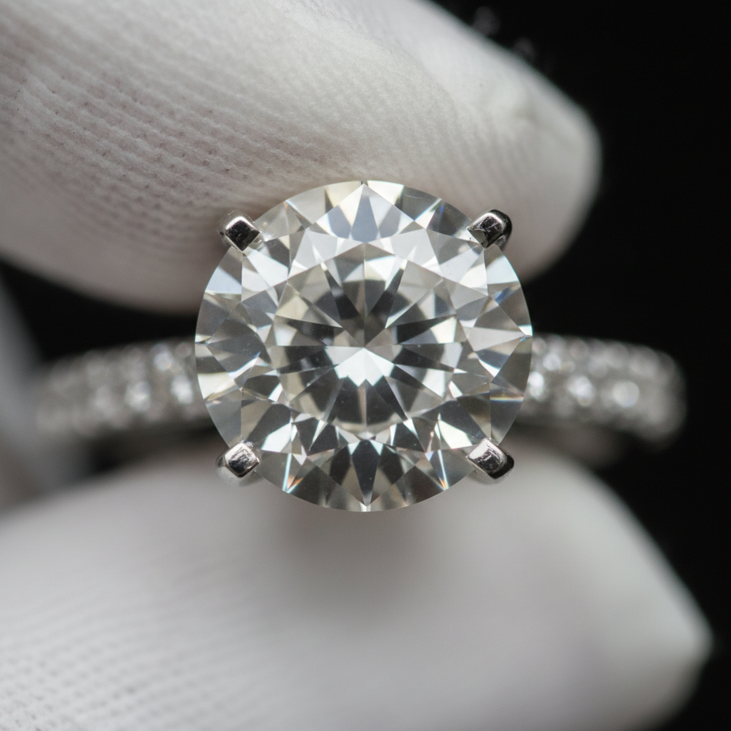 Macro of diamond under loupe showing prongs and cut for engagement rings quality evaluation