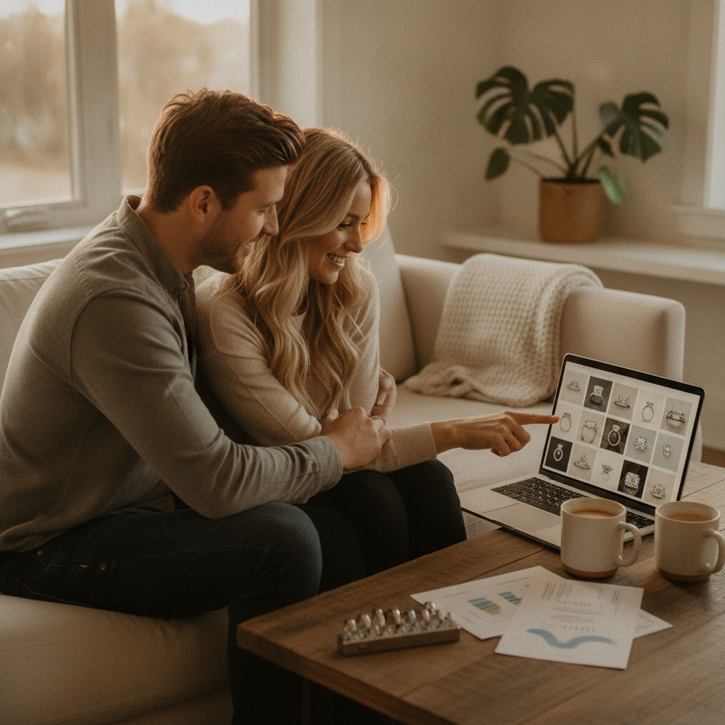 Couple comparing engagement ring quality online with grading report and ring sizer at home in the USA