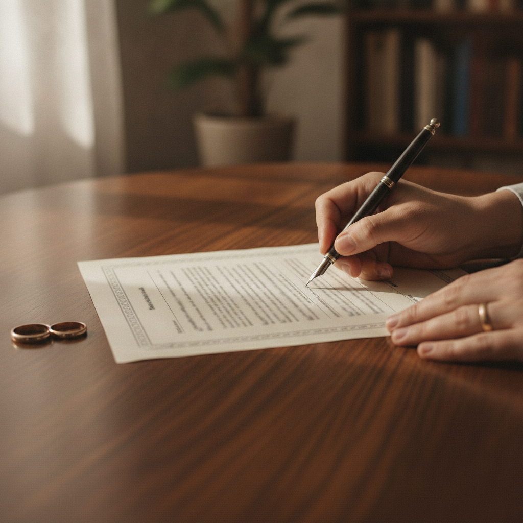 Close-up of hands signing a separation agreement with rings nearby, representing a lawyer near me for divorce in Etobicoke