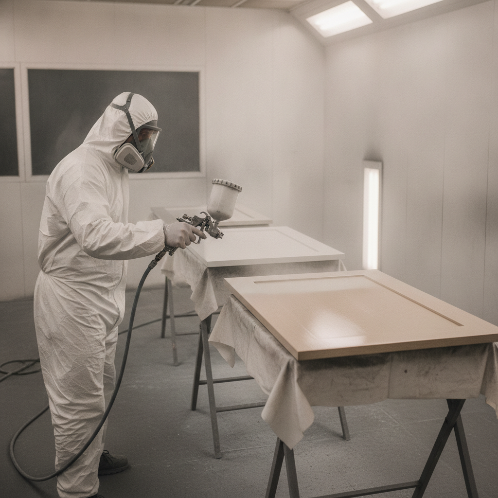 HVLP spray painting of kitchen cabinet doors in a controlled setup for a factory-like finish by interior painting companies