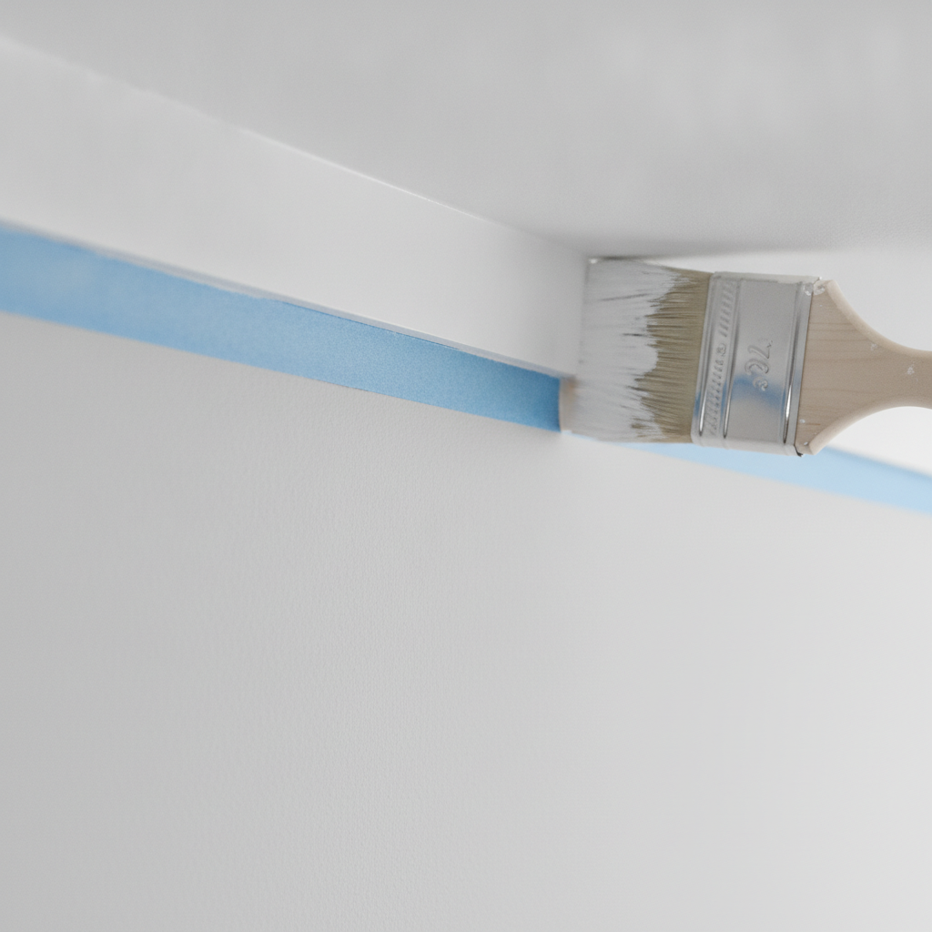 Close-up interior painting detail: crisp cut line at ceiling using angled sash brush and painter’s tape for professional results