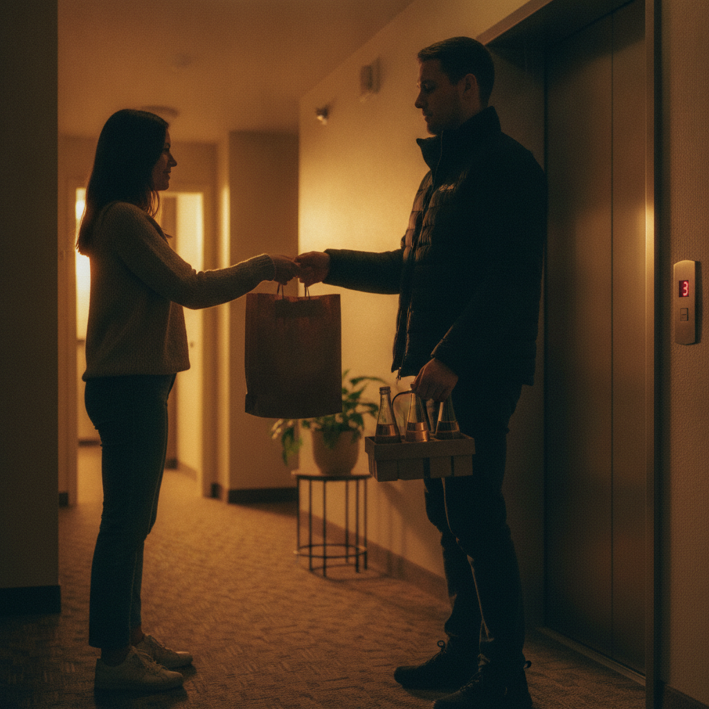 Doorstep alcohol delivery in Calgary with sealed bottles in a paper bag handed off in an apartment hallway