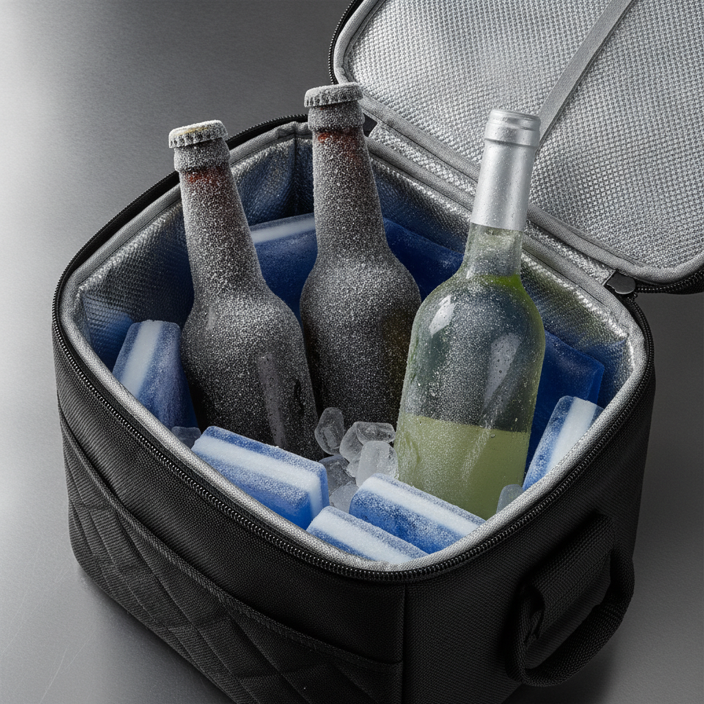 Close-up of frosty beer and a sealed wine bottle in an insulated cooler bag for alcohol delivery in Calgary