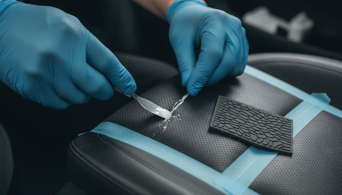 Close-up leather seat crack repair using liquid leather filler and grain pad, step-by-step detail